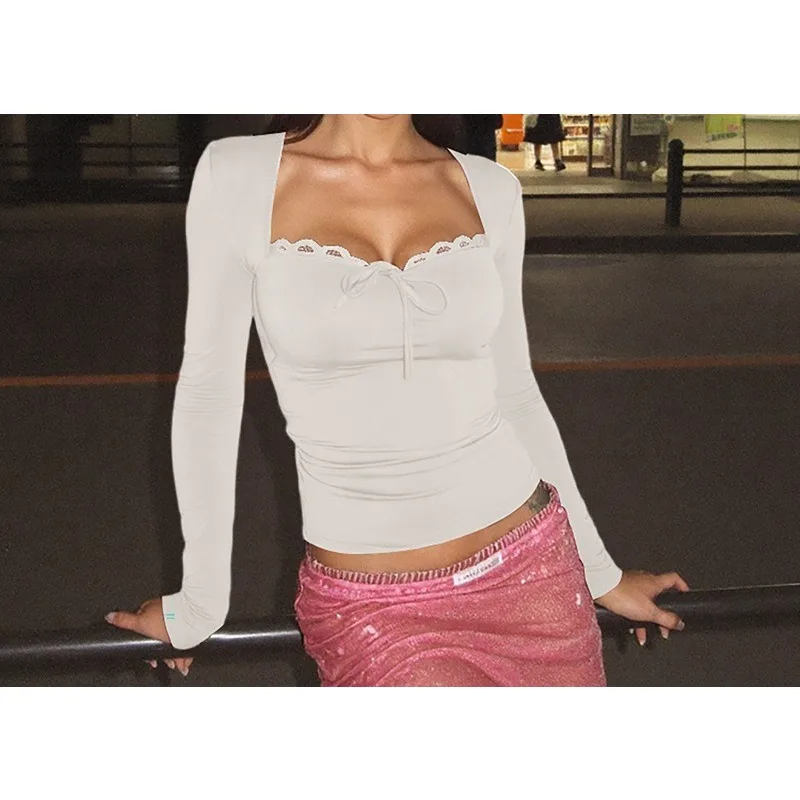 قميص نسائي من الدانتيل بجزء سفلي لخريف 2025، قميص علوي نحيف لفتاة التوابل #5