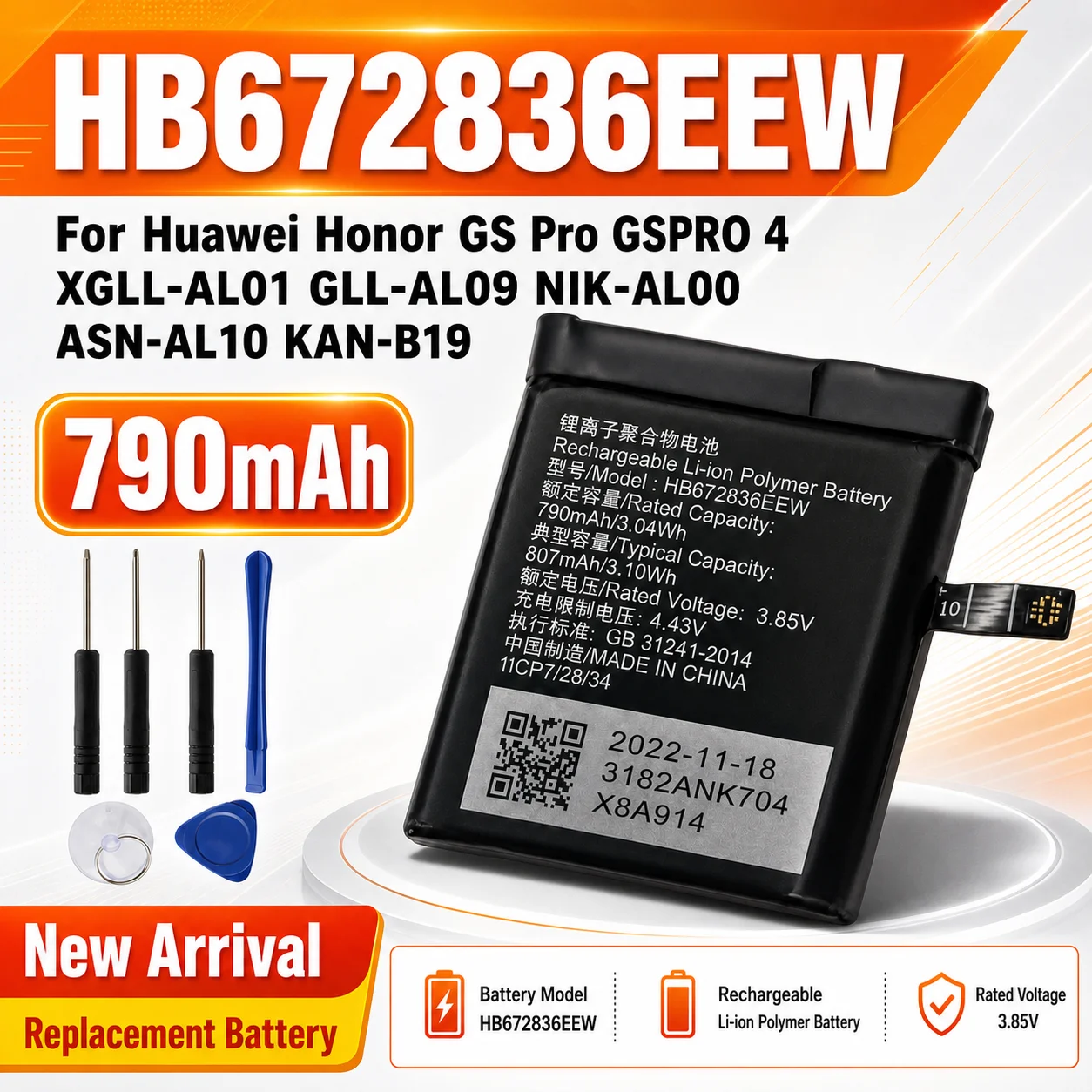Smart Watch Replacement Battery HB672836EEW 790mAh For Huawei Honor GS Pro 4X GLL-AL01 GLL-AL09 NIK-AL00