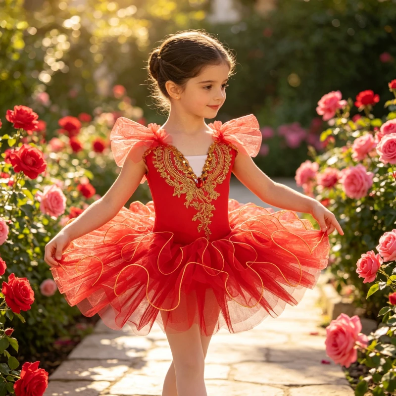 Luxury Red Tulle Ballet Tutu Golden Embroidery Rhinestone Ornament Mesh Ruffle Shoulder Curly Gold Border Professional Dancewear