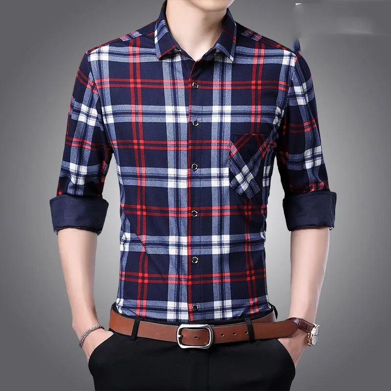 Spring Autumn Men\'s Turn-down Collar Plaid Striped Printed Pocket Long Sleeved Button Cardigan Shirt Fashion Casual Formal Tops