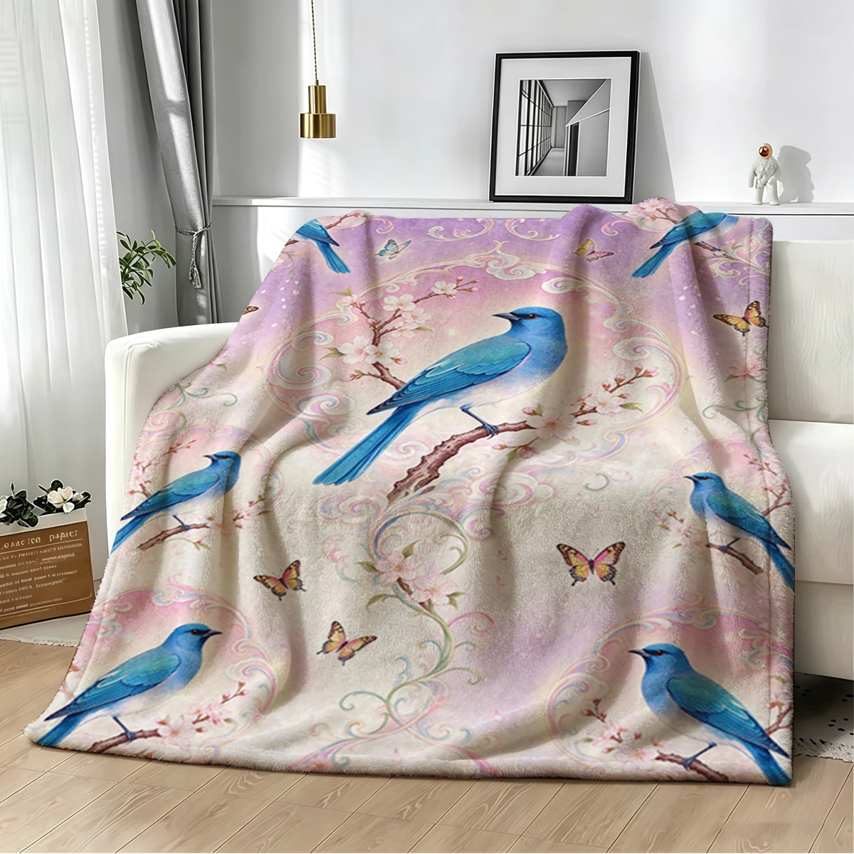 Blue Bird Cherry Cloud Frame Flannel Blanket Warm Soft Halloween Christmas Decorative Couch Warm Cozy All-Season Gift