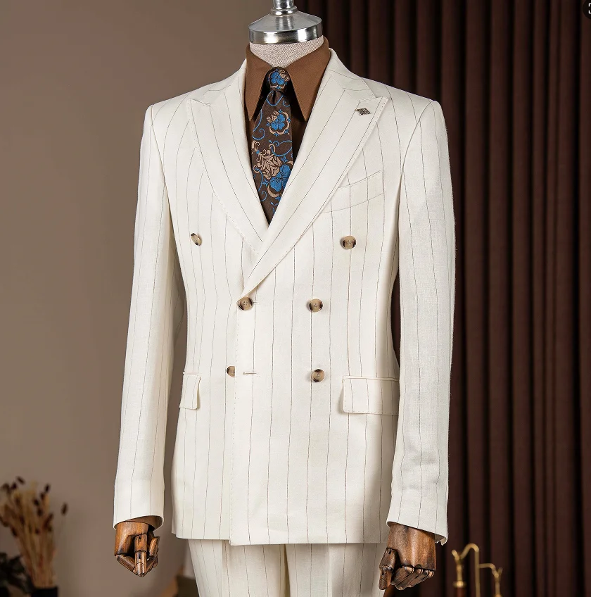Vintage Men 2 Pieces Formal Suit Cream Chalk Stripe Double Breasted Peak Lapel Blazer Pants Set Wedding Business Customized