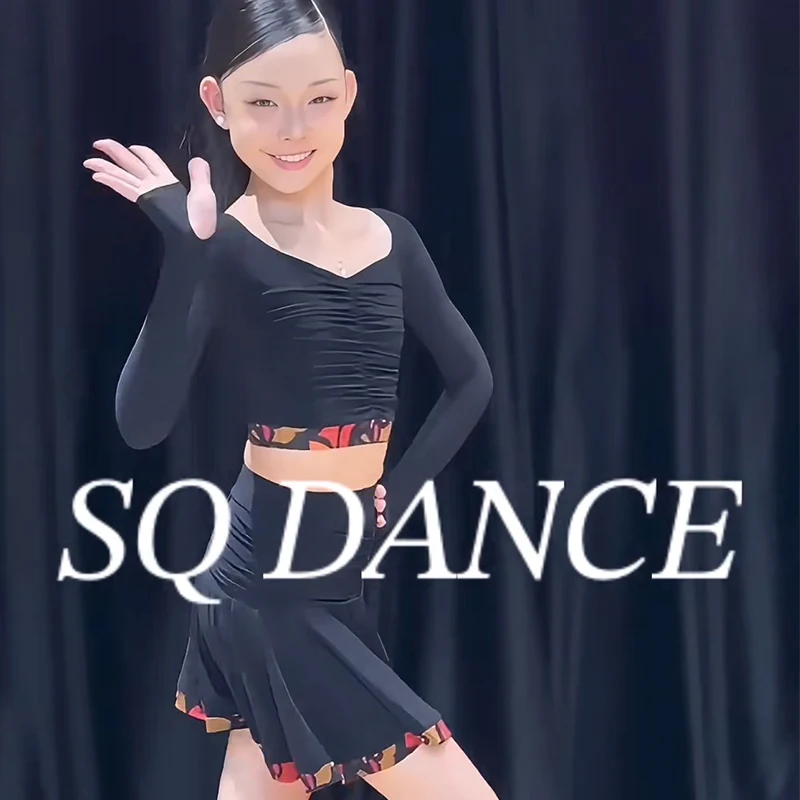 Bambini Abiti da ballo latino Ragazze Maniche lunghe Abito diviso Top neri Gonna Pratica Abbigliamento da allenamento Cha Cha Rumba Costume DNV24718
