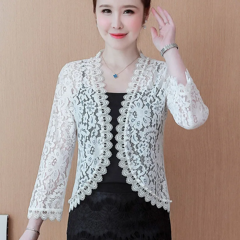 Lace Jacket Short Coat Women Crop Tops Hollow Out Slim Women's Clothing Trends Solid Beading Korean Chic Jackets White Black Red