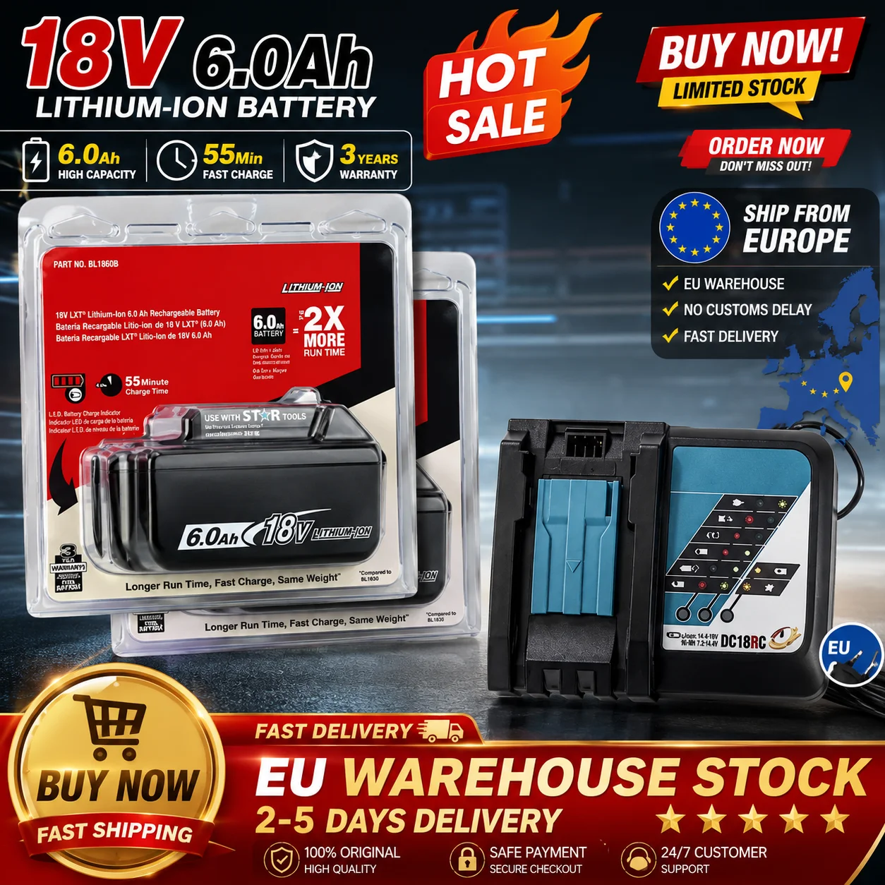 Image of Für Makita 18V 6Ah 5Ah 4Ah 3000mAh Für Makita Akku BL1840 BL1830B BL1850B BL1850 BL1860 BL1815 Ersatz-Lithium-Akku