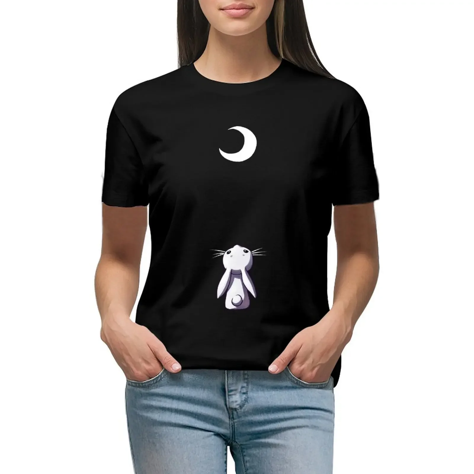 

Moon Bunny T-Shirt blacks aesthetic clothes sweat summer clothes rock and roll t shirts for Women