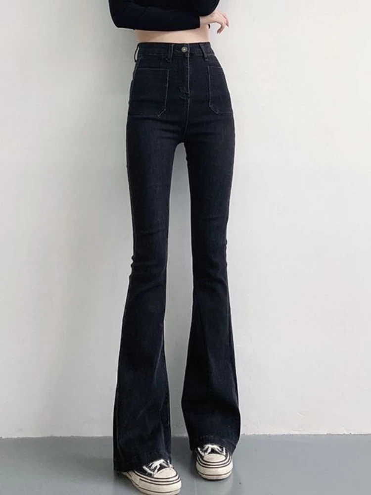 Pantalones vaqueros Acampanados para mujer, de cintura alta, ajustados, sólidos, combinan con todo, estilo coreano, largos, informales, Chic, ropa de calle elástica