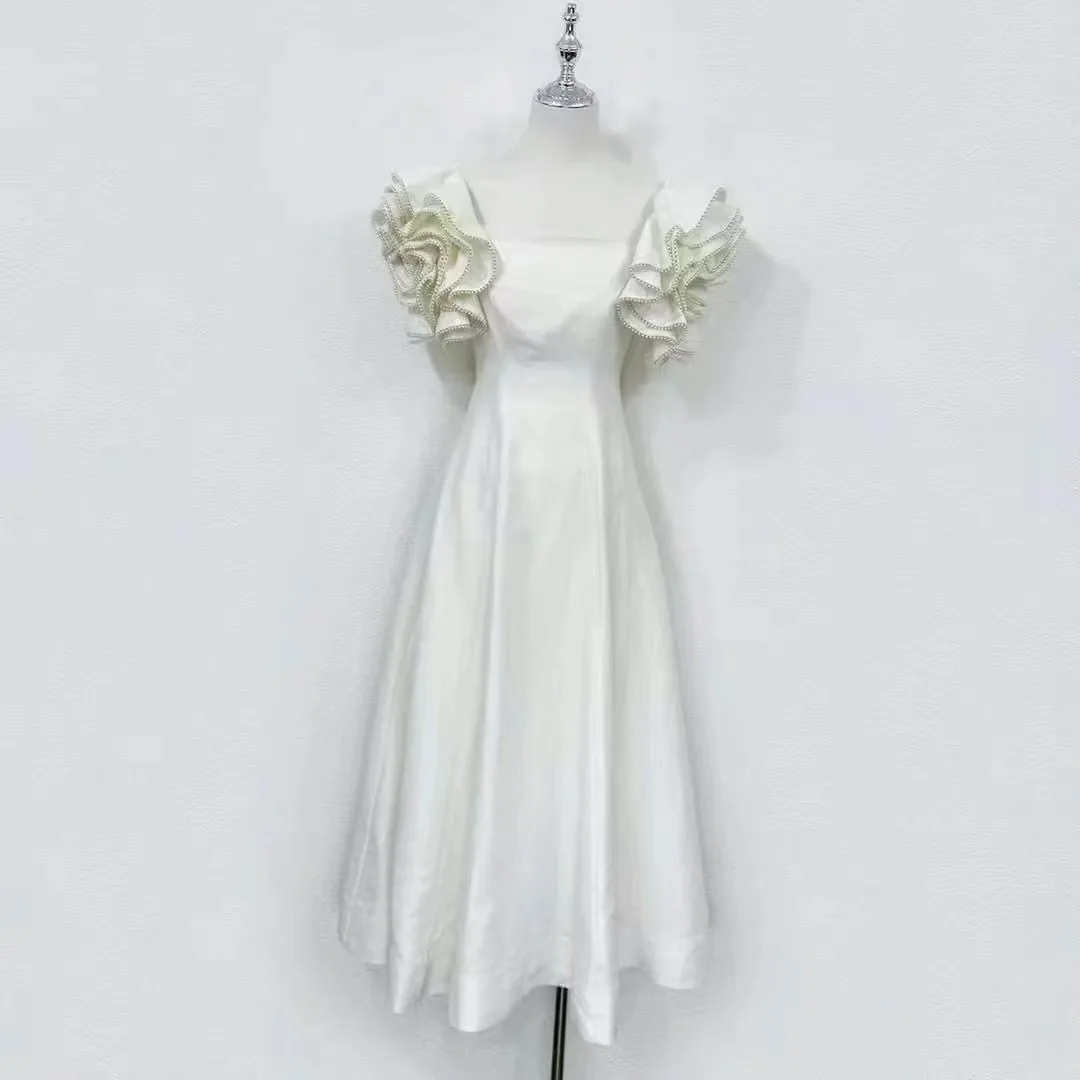 

2025 Spring and Summer New Tube Top Petal Waist Midi Dress French Elegant Short Sleeve Dress-GZDL085
