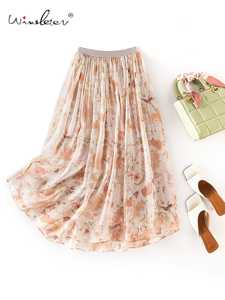 

Winsleter-100%Silk Elegant Skirts, Elastic Waist Printed, Women Retro Bohemia Temperament A-line Skirt, 2026 Spring New B61808CC