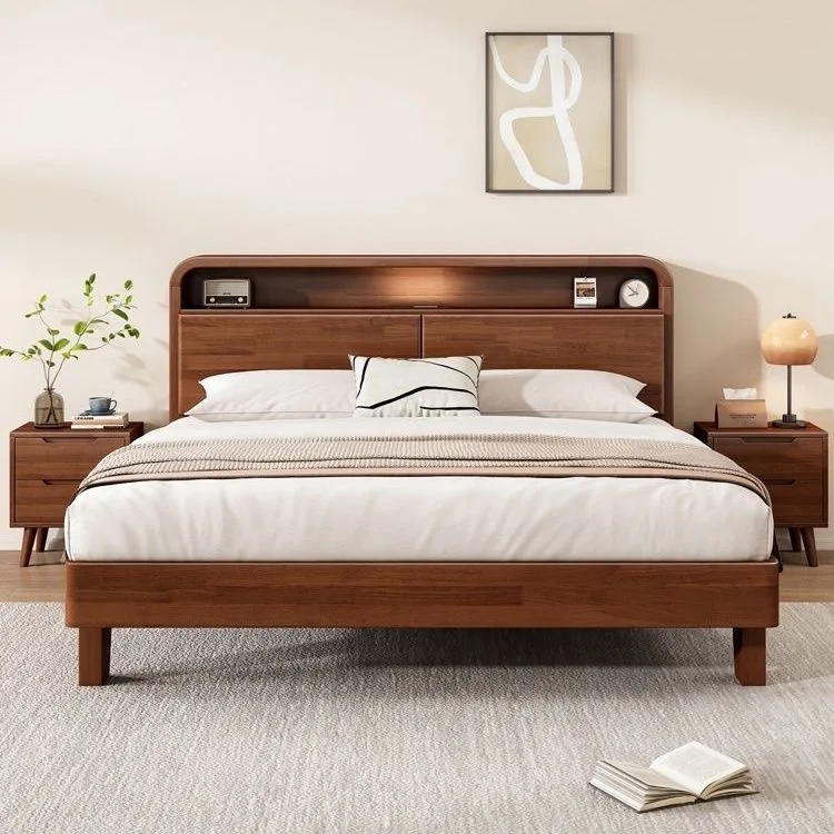 

Simple modern rubber wood double bed, master bed in home rental house with night light