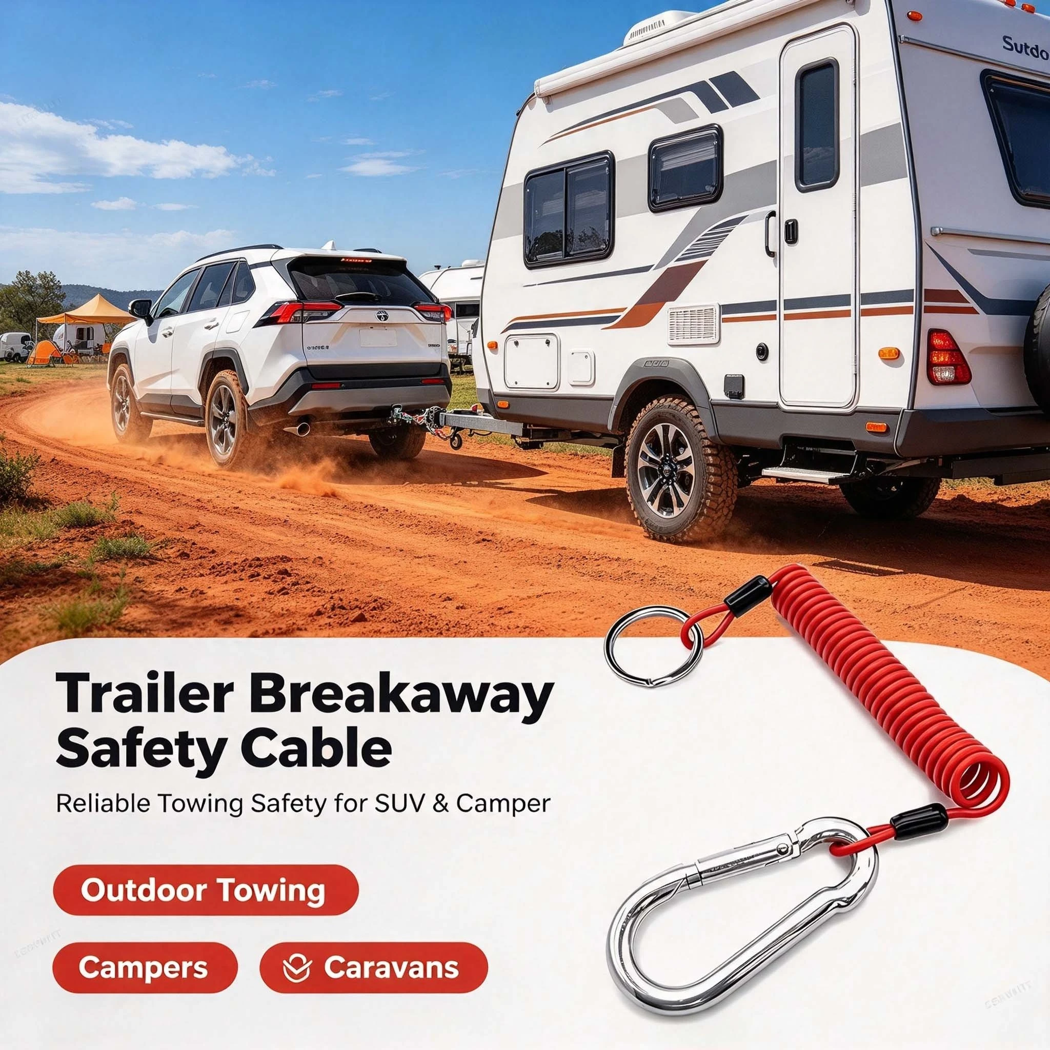 Easy Install 6FT Coiled Design Breakaway Trailer Cable High Quality Red Color Towing Safety for Towing Vehicles Parts