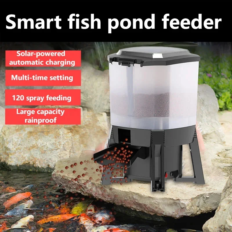6L Solar Powered Fish Pond Automatic Feeder Koi Pond Intelligent Timer Feeding Waterproof Indoor Outdoor Large Area Fish Feeder