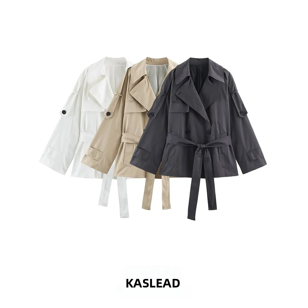 KASLEAD New Women's Short Coat with Belt High-End Feelings European Style Long Sleeve Double Breasted Polyester Fiber
