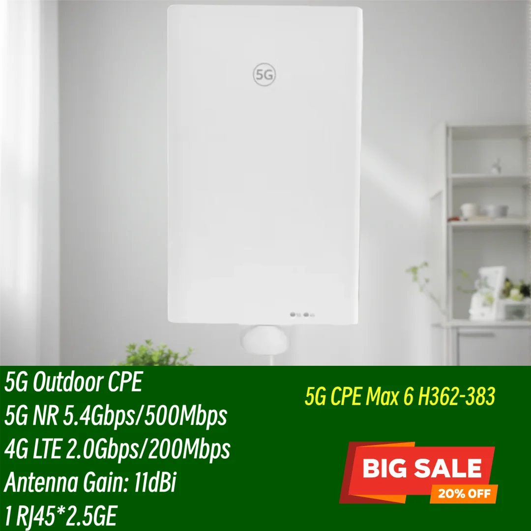 Brovi 5G Outdoor CPE Max 6 H362-383 IP65 POE Supply 2.4GHz WiFi 5G NSA+SA 4G LTE CAT20 Sim Card Outdoor Modem Router 11dBi