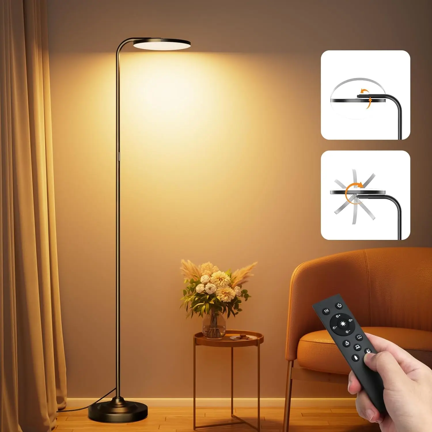 

36W LED Floor Lamp, Stepless Dimmable Standing Light with Remote, 350° Rotating Head for Living Room