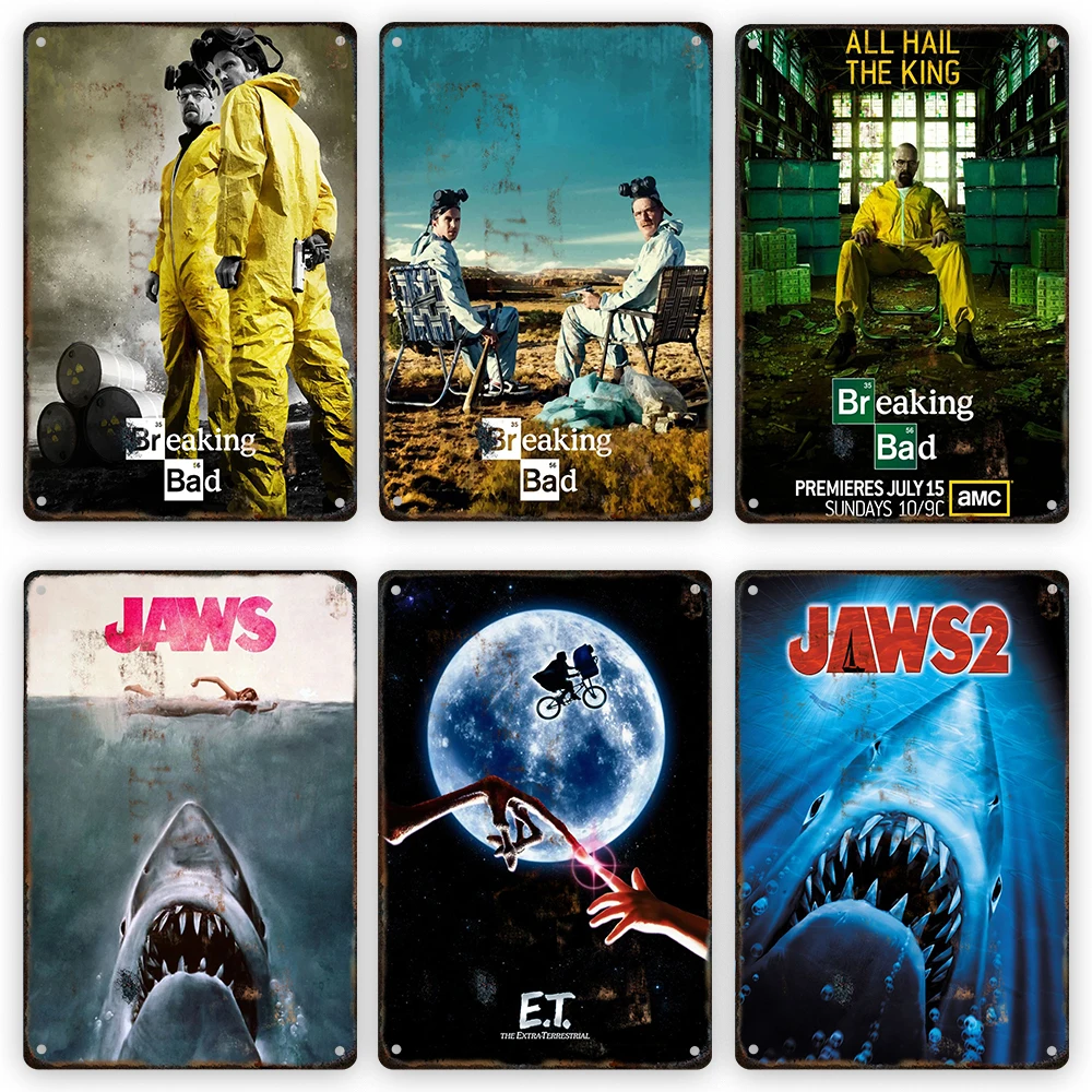 ET Breaking Bad Vintage Movie Metal Poster JAWS Retro Tin Sign Cinema Wall Art Decoration Plaque for Modern Home Decor Aesthetic