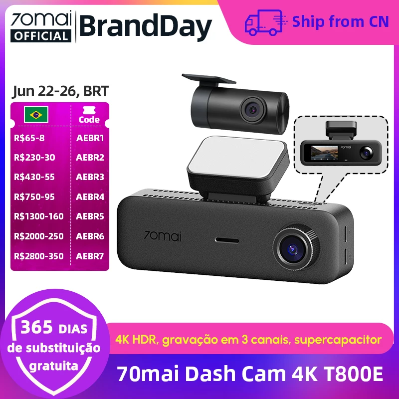 70mai T800E 3 Canais: Frontal 4K + Traseiro 1080p + Interior 1080p HDR, Supercapacitor, Estacionamento 24H, GPS, WiFi 6, Controle por Voz