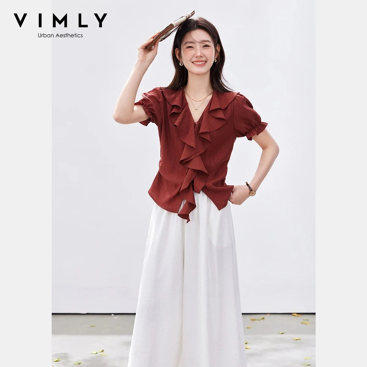 

VIMLY Casual Pant Two-Piece Set Women 2026 Summer New Ruffle Puff Short Sleeve Chiffon Blouse White Cropped Wide Leg Pants A6077