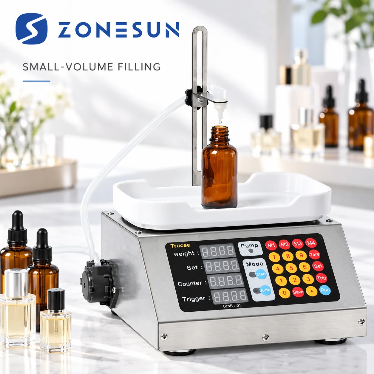 ZONESUN ZS-M90 0-50ml Small Automatic CNC Liquid Filling Machine Perfume Weighing Filling Machine Oral Liquid Solution Filler
