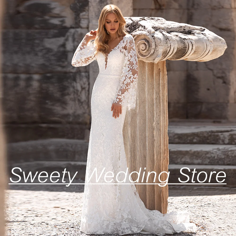 Exquisite Lace Mermaid Wedding Gowns V Neck Long Sleeve Applique Sweep Train Backless Vestidos De Novia Bridal Wedding Dresses