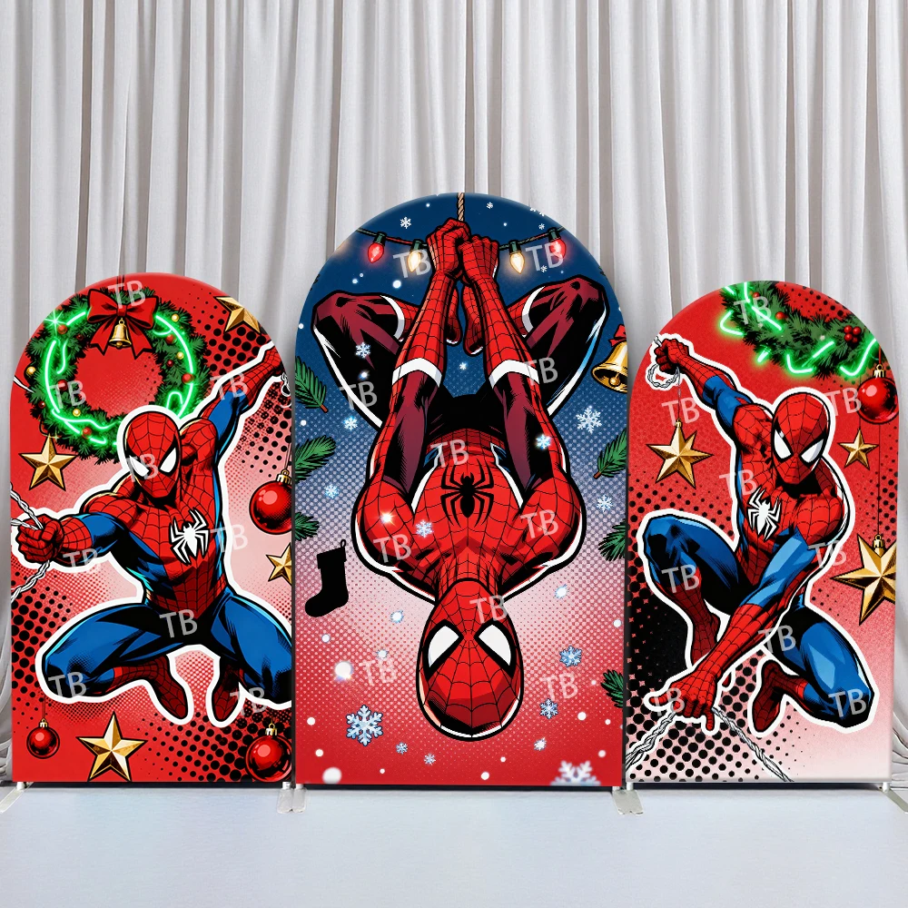 

Marvel Spider-Man Arch Backdrop Cover Christmas Theme Wreath Stockings Snowflakes Comic Style Party Photo Booth Props for Decor