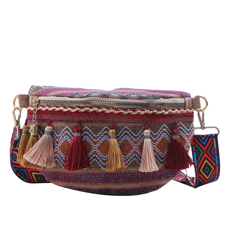 Women Ethnic  Style Waist Bags With Adjustable Strap Variegated Color Fanny Pack with Fringe Decor Crossbody Chest Bags