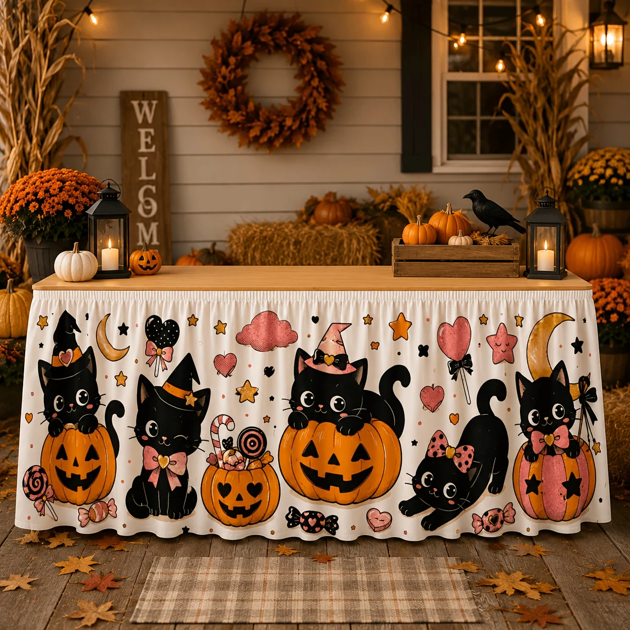 One tablecloth or table skirt. Cute pink Halloween table skirt. Black witch cat. Pig head lamp.zyc