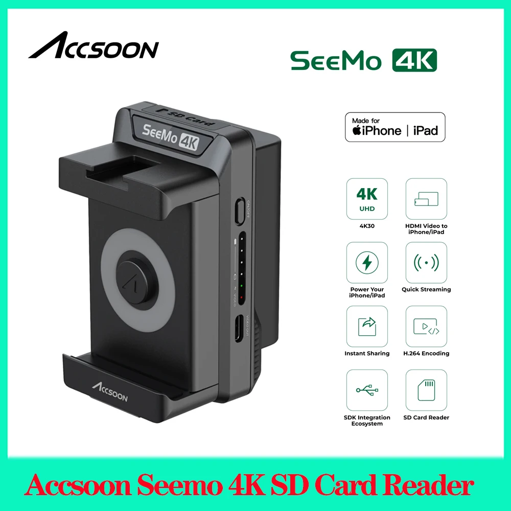 Accsoon Seemo 아이폰 충전용 SD 카드 리더, 비디오 라이브 스트리밍 캡처 모니터 액세서리, H.264 녹화 공유, 4K