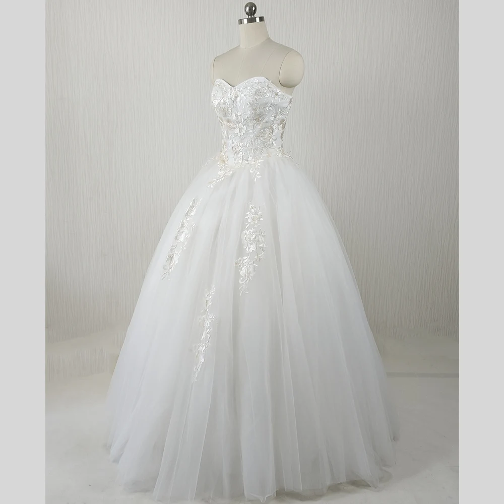 Clearance Wedding Dress White Strapless Flower Lace up Floor Length Princess Women Bride Ball Gown 1737