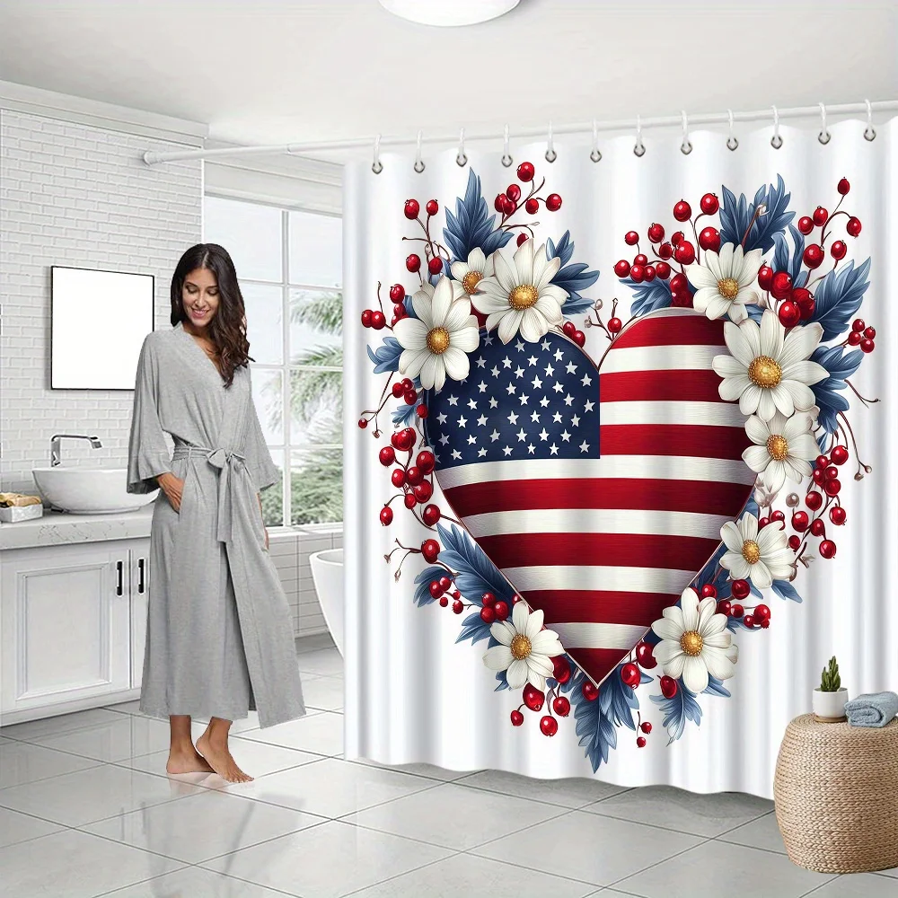 1pc Daisy Patriotic Heart American Flag Shower Curtain, Red White Blue Star Berry Elements, With Hooks, Bathroom Decor