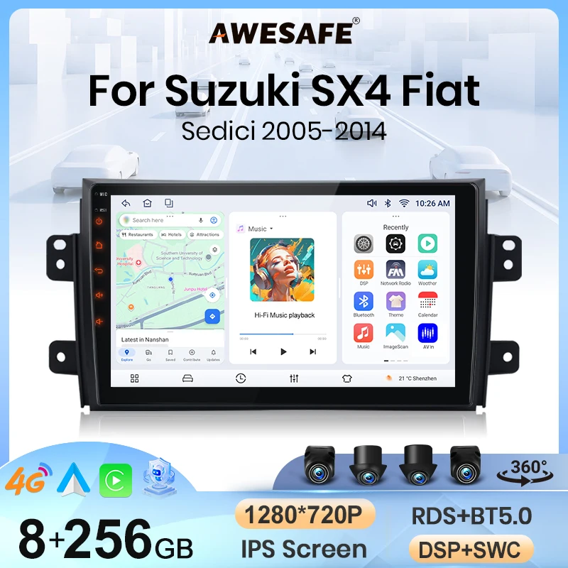 Radio para Auto AWESAFE con CarPlay y Android Auto Inalámbrico para Suzuki SX4 Fiat Sedici 2005 2006 2007 2008 2009 2010-2014, Sistema Multimedia Estéreo Inteligente 2DIN, Pantalla Táctil, Reproductor de Video, Unidad Principal, Autoradio, Navegación, Bluetooth, GPS, SWC, 4G, WIFI, RDS, FM, DSP