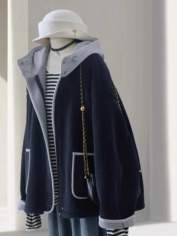 

Retro Oversized Hooded Jaet for Men And Women Warm Fce Winter Coat Color Blo Design Youth Pear ape Fit Zipper Closure