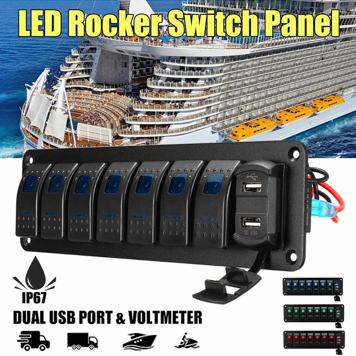 8 Gangs LED Auto Switch Panel 3 In 1 12V/24V Universal Toggle Rocker Switch Control Panel For Truck Caravan Marine UTV ATV SUV