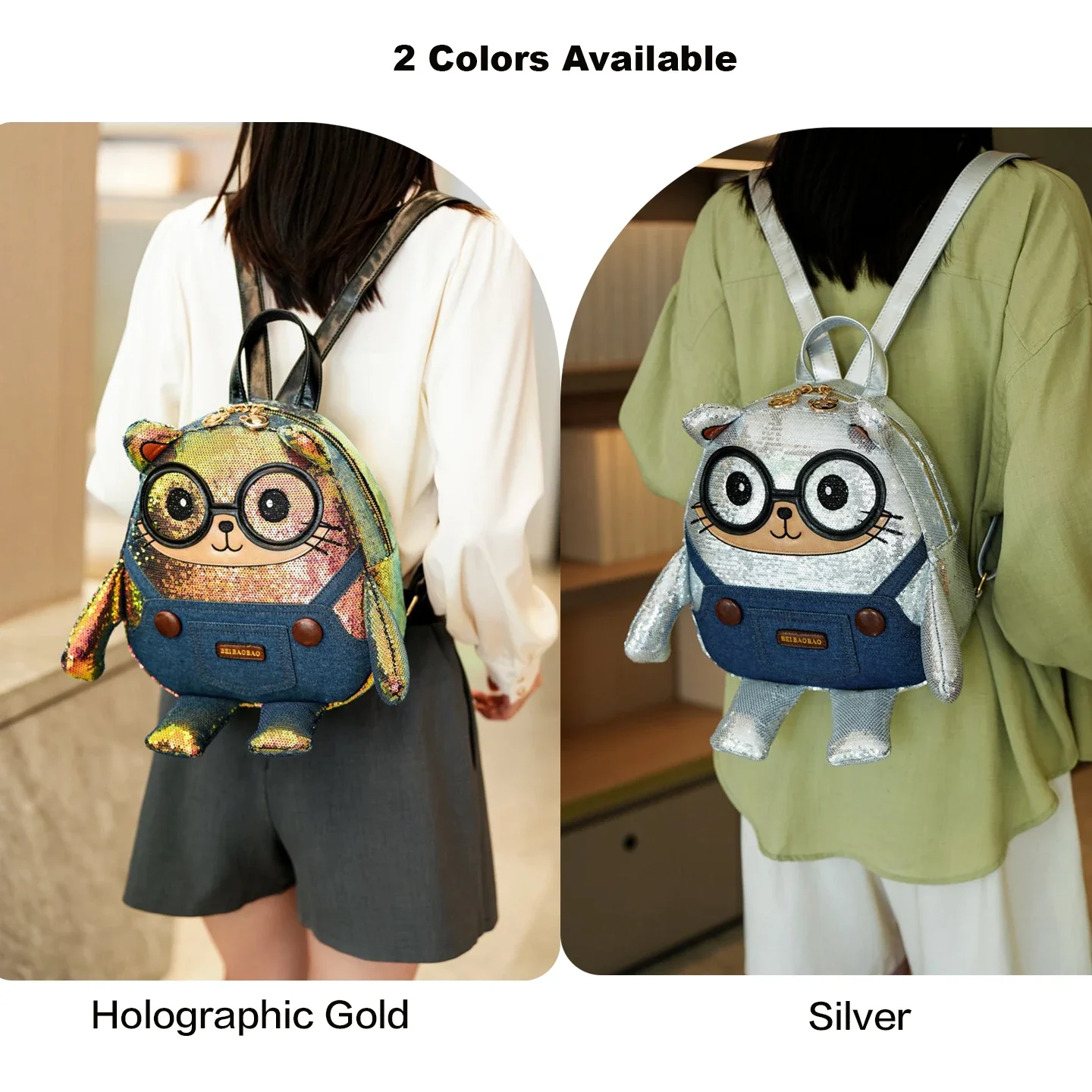 Cute Cat‑Shaped Backpack, Iridescent Sequin Casual Daypack Kawaii Unique Irregular School Bag Unisex for Adults Teens Students