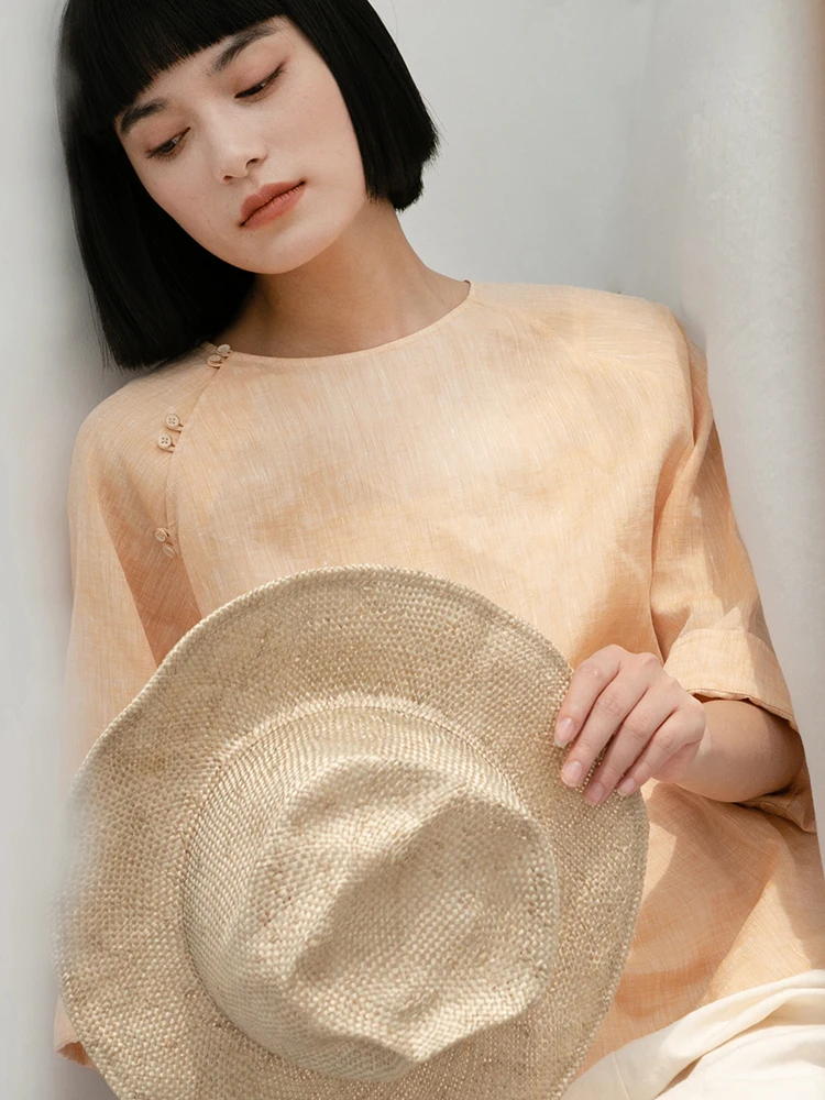 

Новая коллекция Le: 100% льняные желто-белые летние топы в китайском стиле с коротким рукавом для женщин, повседневные деловые рубашки