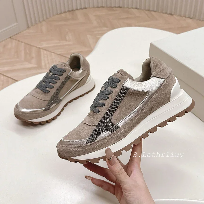 Unisex Round Toe String Bead Flat Shoes Women Patchwork Lace Up Sneakers Autumn Winter Thick Bottom Mixed Color Casual Shoes