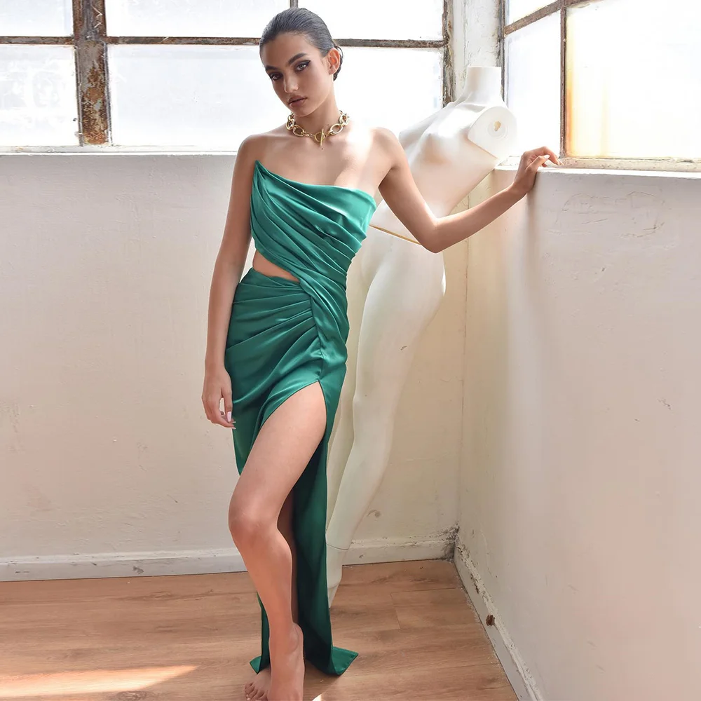 

Sexy Prom Dress Emerald Green Satin Strapless Sheath Prom Gown Women 2022 Side Slit Sleeveless New Arrival Party Dresses Long