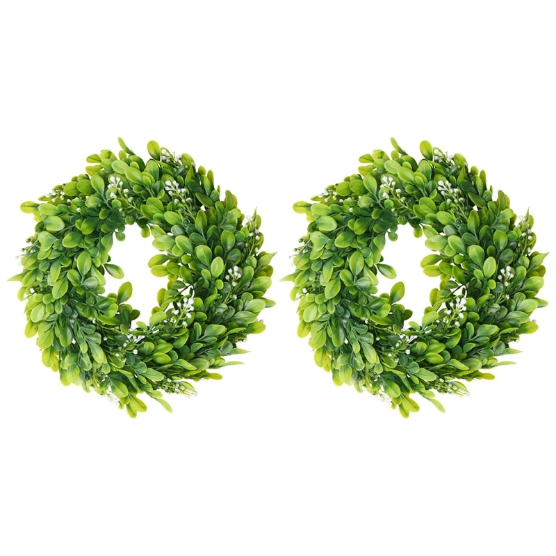 2 Pack Artificial Boxwood Wreath Faux Artificial Green Leaves Wreath Front Door Hanging Wreath Decoration, 10 Inches