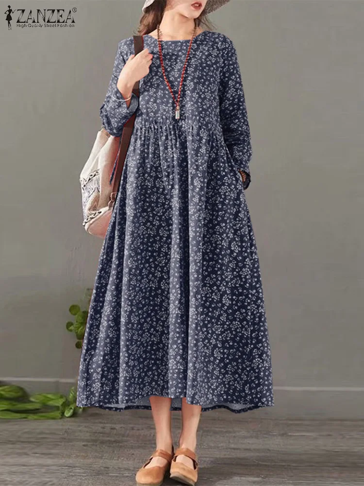 

ZANZEA Cotton Linen Casual Vestidos Loose Holiday O-neck Long Sleeve Beach Dresses Leisure Women Floral Printed Midi Dress