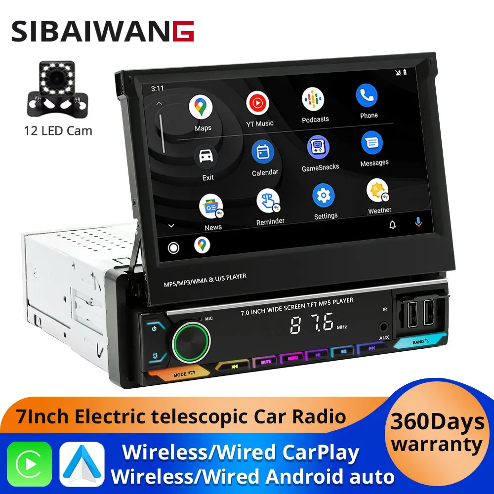 Car Radio Automatic Retractable Screen 7Inch 1Din Wireless CarPlay Android Auto Car MP5 Video Player Bluetooth FM RDS USB AUX