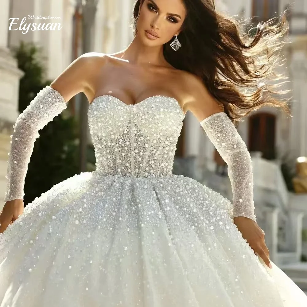 Personalizado romântico querida vestido de noiva pérolas brilhantes destacáveis mangas compridas vestido de casamento de luxo vestido de baile de nov