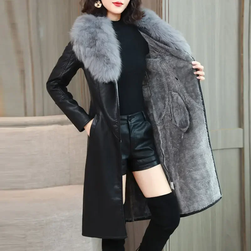 PU Imitation Leather Fur Collar Women Coats Autumn Winter 2023 Solid Adjustable Waist Mid-Length Slim Jacket Fashion Lady Coats