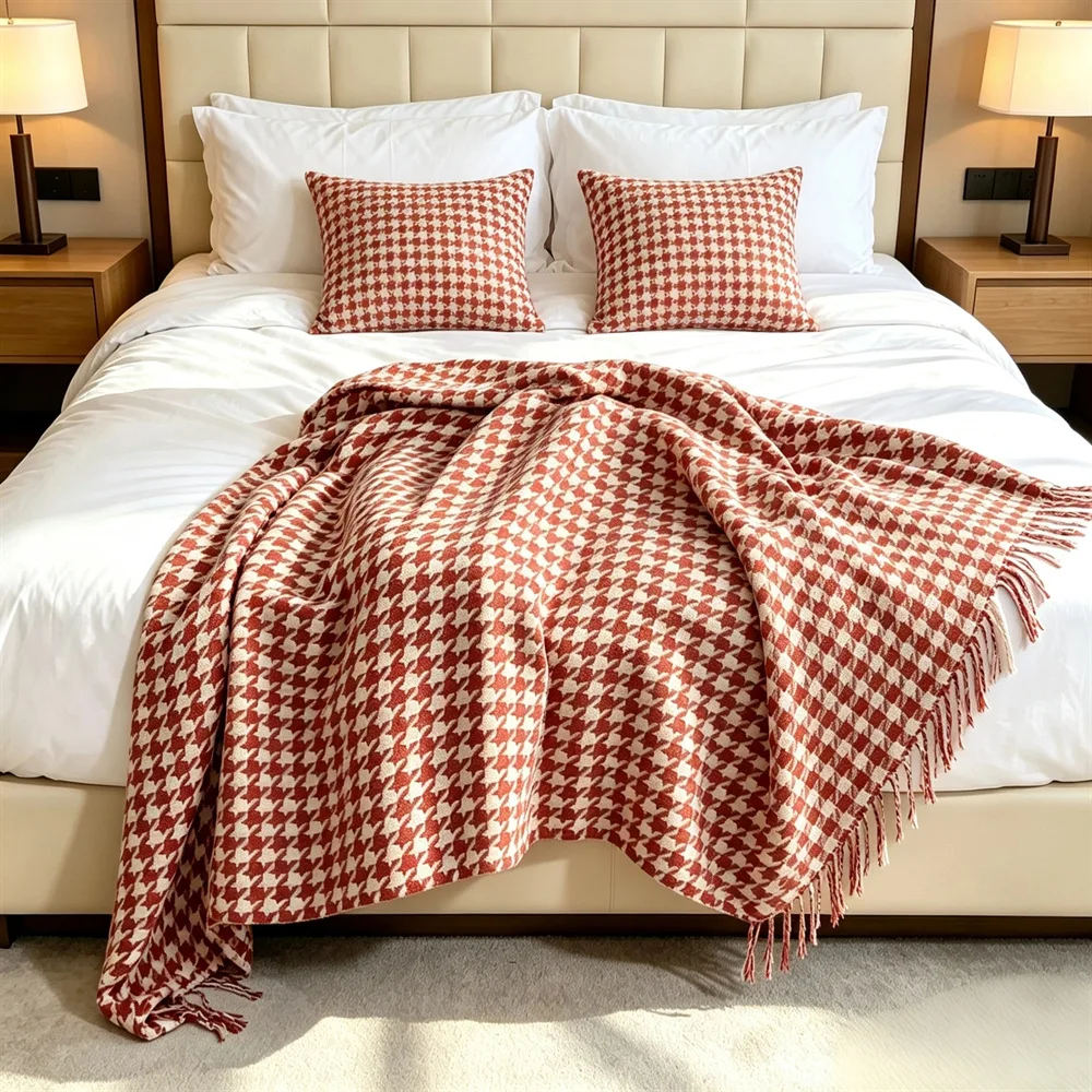 Houndstooth Knitted Sofa Throw Blanket with Tassels,Boho Bed Runner Decorative Bed Scarf, Hotel Homestay Bed End Cover Blanket
