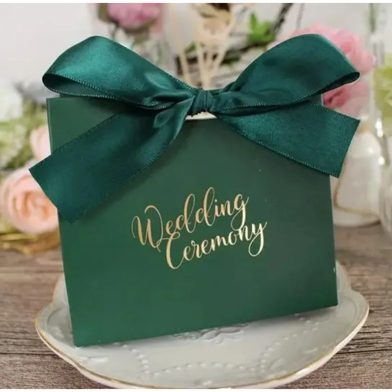 10pcs/lot Small Dark Green Wedding Candy Box With Ribbon Wedding Ceremony Party Decoration Favor Pink Red Gifts Box view 3