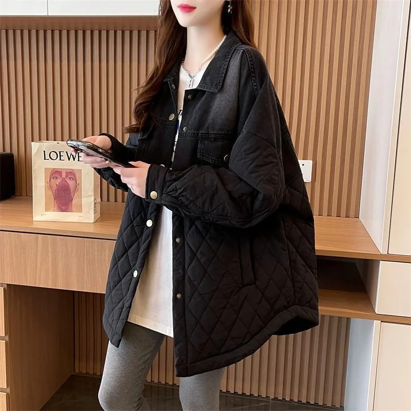 

Faionable White Du down Jaet Loose Fit Street Sle Splicing Design Women's Winter Coat Warm Sli Mid-Length