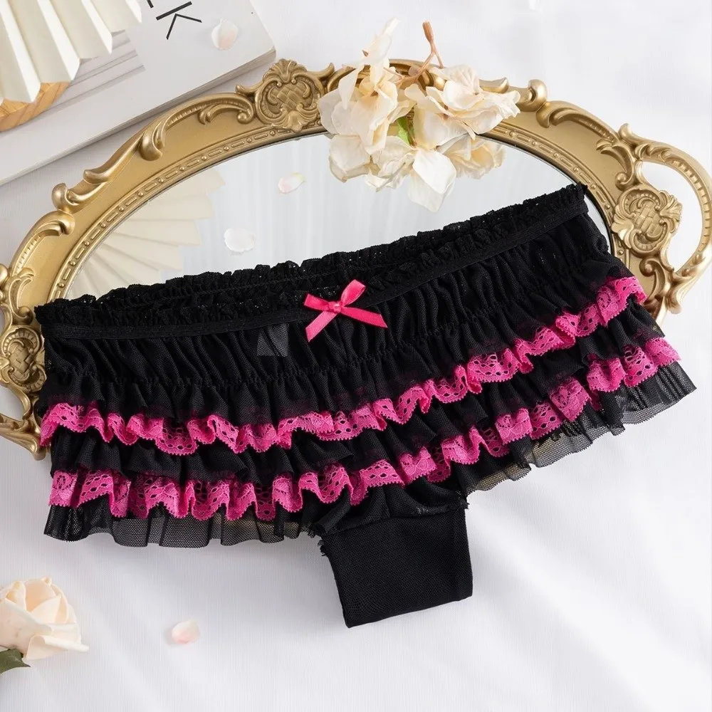 Princess Style Ruffle Lace Panties Bow Mesh Layered Cake Design Women's Underwear Low Waist Sweet Lace Briefs Daily Wear