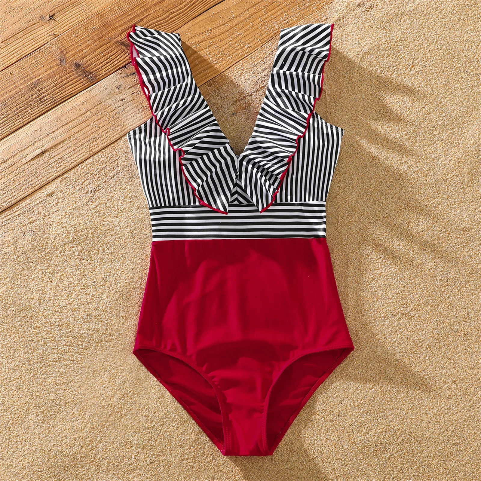 PatPat Family Matching Striped Swim Trunks Shorts and Ruffle Splicing One-Piece Swimsuit Suitable for Summer Season