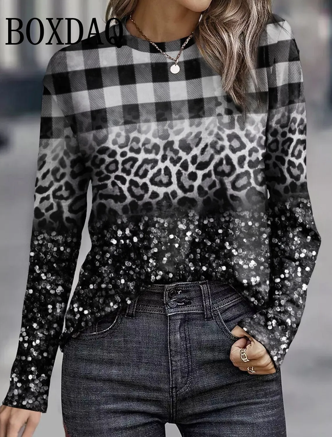 Women's T Shirt Simple Graphic Plaid Leopard Print Long Sleeve Shirts Daily Weekend Vintage Daily Basic Casual O-Neck Loose Tops