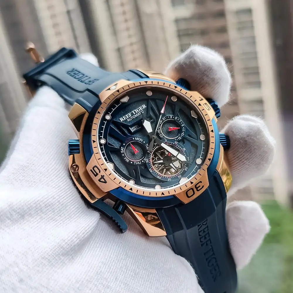 Reef Tiger Men's Tourbillon Mechanical Wristwatches Self-winding Luminous Calendar 100m Waterproof Center-seconds Sports Watch