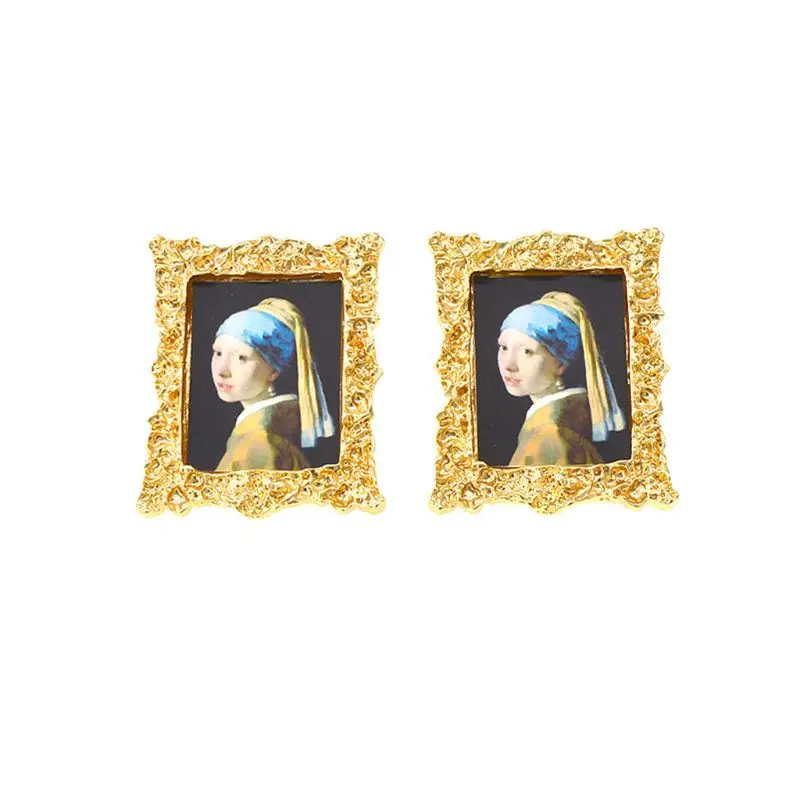 Trendy Pins orecchino donna minimalista pittura a olio Art Portrait Frame orecchini Stud moda femminile coppia gioielli regalo